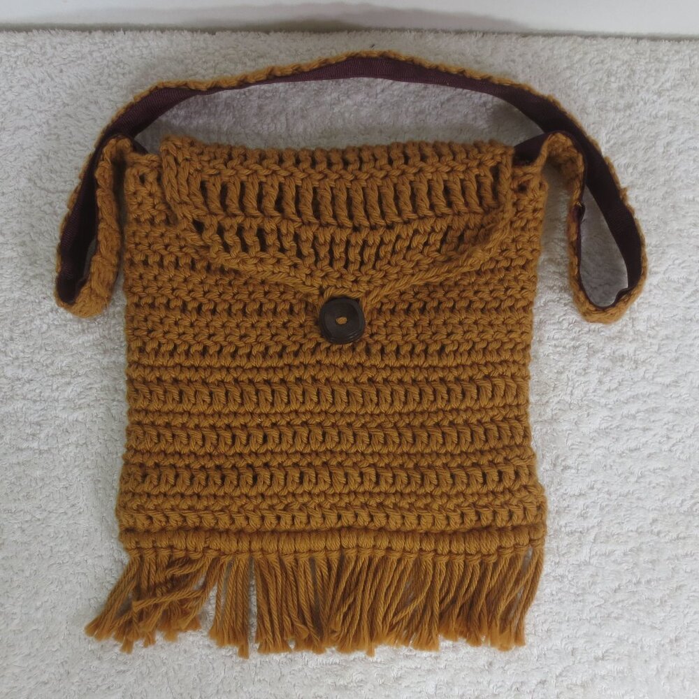 NEW Handmade Bag Golden Brown Crochet Boho Fringe Lined Cute Mini Shoulder Purse